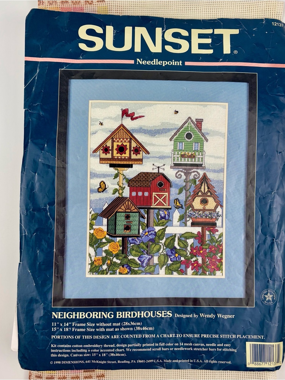 Vintage 1998 Sunset Needlepoint Kit Neighboring Birdhouses 12137 Partially Done